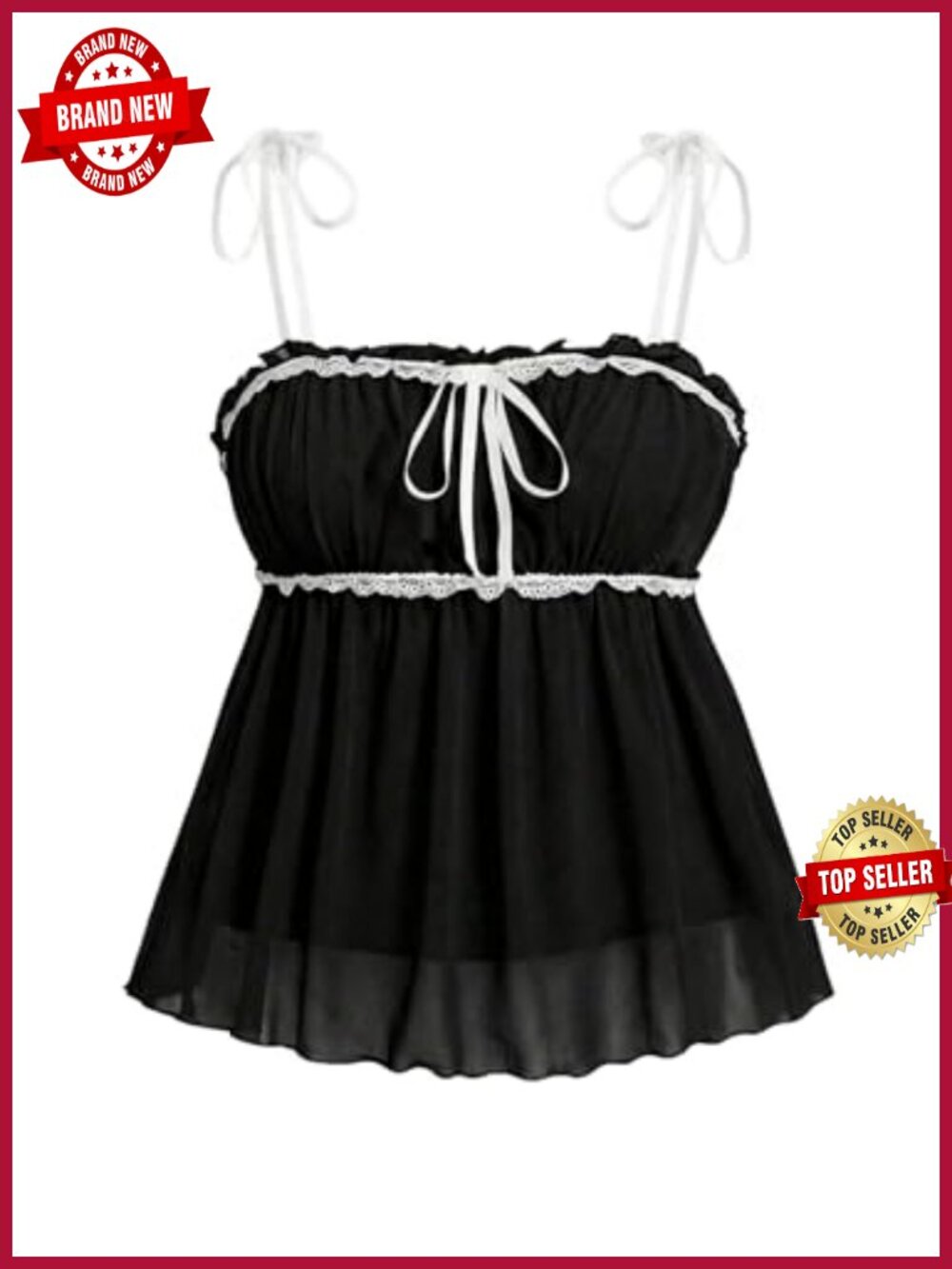 Women Plus Size Contrast Lace Babydoll Top Tie Shoulder Peplum Bustier Cami